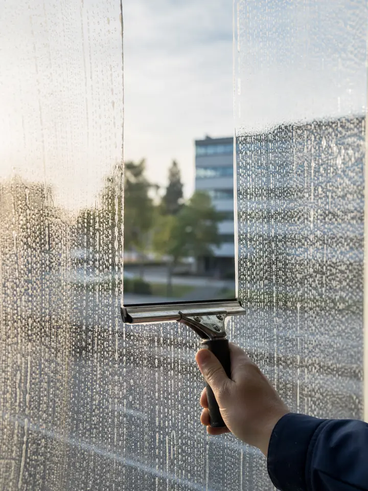 Abzieher zieht eine klare Bahn durch eine eingeseifte Glasscheibe