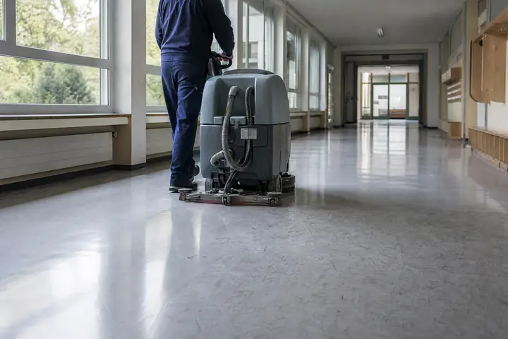 Scheuersaugmaschine auf einem Schulflur, dahinter glänzt der gereinigte Boden