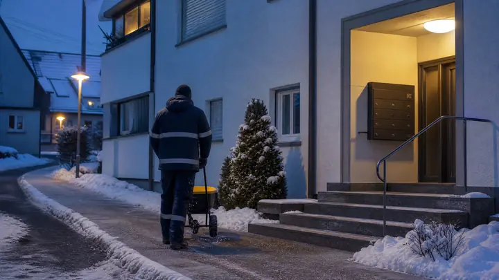 Geräumter und gestreuter Gehweg vor einem Wohnhaus am frühen Wintermorgen